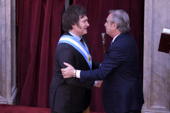 Buenos Aires - Photo taken on December 10, 2023, Javier Milei is sworn in at the Congress. Milei stated that "today a new era begins in Argentina" and "we end a long and sad history of decadence and decline, and begin the path of reconstruction of our country" from the steps of the National Congress, accompanied by Vice President Victoria Villarruel, his appointed officials and members of the foreign delegations, among them the President of Ukraine, Volodimir Zelenski.