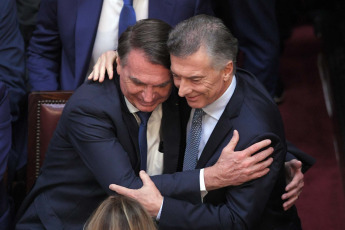 Buenos Aires - Photo taken on December 10, 2023, former Argentina President, Mauricio Macri with former president of Brazil, Jair Bolsonaro. Milei stated that "today a new era begins in Argentina" and "we end a long and sad history of decadence and decline, and begin the path of reconstruction of our country" from the steps of the National Congress, accompanied by Vice President Victoria Villarruel, his appointed officials and members of the foreign delegations, among them the President of Ukraine, Volodimir Zelenski.