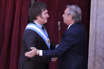 Buenos Aires - Photo taken on December 10, 2023, Javier Milei is sworn in at the Congress. Milei stated that "today a new era begins in Argentina" and "we end a long and sad history of decadence and decline, and begin the path of reconstruction of our country" from the steps of the National Congress, accompanied by Vice President Victoria Villarruel, his appointed officials and members of the foreign delegations, among them the President of Ukraine, Volodimir Zelenski.