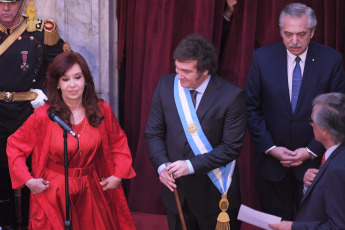 Buenos Aires - Photo taken on December 10, 2023, Javier Milei is sworn in at the Congress. Milei stated that "today a new era begins in Argentina" and "we end a long and sad history of decadence and decline, and begin the path of reconstruction of our country" from the steps of the National Congress, accompanied by Vice President Victoria Villarruel, his appointed officials and members of the foreign delegations, among them the President of Ukraine, Volodimir Zelenski.