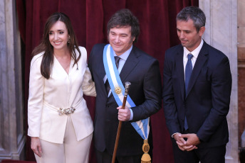 Buenos Aires - Photo taken on December 10, 2023, Javier Milei in Congress with Vice President Victoria Villaruel and the President of the Chamber of Deputies, Martin Menem.