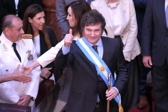 Buenos Aires - Photo taken on December 10, 2023, Javier Milei is sworn in at the Congress. Milei stated that "today a new era begins in Argentina" and "we end a long and sad history of decadence and decline, and begin the path of reconstruction of our country" from the steps of the National Congress, accompanied by Vice President Victoria Villarruel, his appointed officials and members of the foreign delegations, among them the President of Ukraine, Volodimir Zelenski.