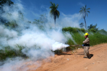 Corrientes, Argentina.- En las fotos tomadas el 29 de diciembre del 2023, autoridades participan de la fumigación contra el mosquito aedes aegypty transmisor de la enfermedad del dengue en Corrientes, Argentina. Un brote de dengue se registra en la capital de Corrientes y en algunas localidades del interior provincial, con entre 80 y 100 casos por semana, y autoridades del Ministerio de Salud ratificaron el estado de alerta e instaron a los ciudadanos a extremar las medidas de prevención.