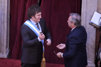 Buenos Aires - Photo taken on December 10, 2023, Javier Milei is sworn in at the Congress. Milei stated that "today a new era begins in Argentina" and "we end a long and sad history of decadence and decline, and begin the path of reconstruction of our country" from the steps of the National Congress, accompanied by Vice President Victoria Villarruel, his appointed officials and members of the foreign delegations, among them the President of Ukraine, Volodimir Zelenski.