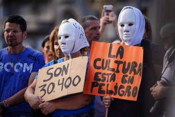 Buenos Aires, Argentina.- In the archive photo, protests against sectors of Argentine culture against the Emergency Necessity Decree (DNU) of Javier Milei. In rejection of the DNU and the Omnibus Law of President Javier Milei, Charly García, Fito Páez, León Gieco, Cecilia Roth, Graciela Borges and Leonardo Sbaraglia along with more than 20,000 cultural figures signed a petition published today by the Cultural Sovereignty Front "in defense of our identity". The letter is entitled "Letter to the National Congress. Culture is in danger" and is addressed to deputies and senators.