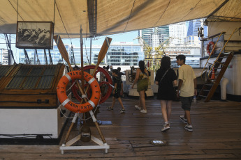 Buenos Aires.- In the photo taken on January 11, 2024, the Frigate Sarmiento in the port of Buenos Aires. With three classes of the Argentine Naval Military School on board, 125 years ago, the first training trip of the ARA Presidente Sarmiento, an innovative and modern training ship that radically changed naval training in the country, Currently, it continues with this mission from Dike III of Puerto Madero, where it works as a Museum Ship.