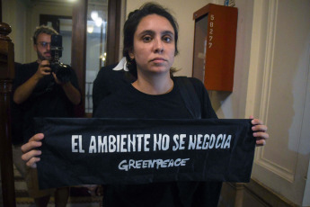 Buenos Aires, Argentina.- En las fotos tomadas el 31 de enero del 2024, una activista de Greenpeace se filtra entre los invitados dentro de la Camara de Diputados. La Cámara de Diputados debate el proyecto de Ley Ómnibus enviado por Javier Milei, luego de las negociaciones del oficialismo con la oposición que le aseguraron el piso de 129 diputados para habilitar la sesión.