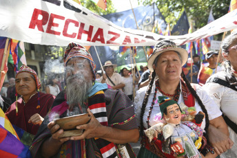 Buenos Aires, Argentina.- In the photos taken on January 24, 2024, representatives of Native Peoples held a ceremony in support of the first national strike with mobilization called by the CGT, both CTA (Workers and Autonomous), the workers of the popular economy (UTEP), social movements and multisectoral organizations in rejection of the Government's economic measures.