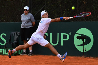 Rosario, Argentina.- In photos taken on February 4, 2024, tennis player Sebastián Báez (photo) defeated Dmitry Popko in a definition for the fifth point of the series against Kazakhstan, which took place at the Jockey Club of Rosario, and the team Argentine Davis Cup team qualified for the Group Stage of the Finals of the most important team competition.