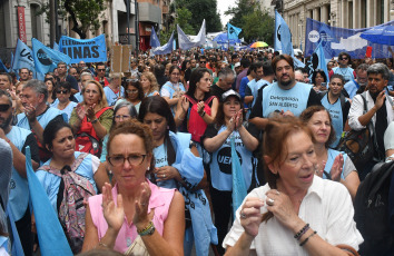 Cordoba, Argentina.- In the photos taken on February 26, 2024, teachers participate in a national strike by the Confederation of Education Workers of the Argentine Republic (Ctera) in rejection of the economic adjustment of the national government and in demand for a better offer wage.