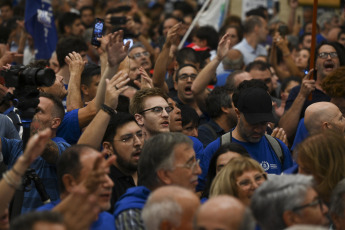 Buenos Aires, Argentina.- In the photos taken on February 20, 2024, Bancarios and Corriente Federal de Trabajadores expressed their rejection of a possible privatization of the bank and issued a statement in which they expressed that "society said no to the sale of public companies".