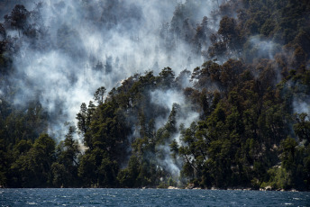 Chubut, Argentina.- The photos taken on February 7, 2024, show the forest fire in the Brazo Tristeza, in the Nahuel Huapi National Park. More than 50 brigade members and two helicopters continue working in the southern area of the Nahuel Huap National Park to contain the fire that broke out yesterday, but the area is affected by "a lot of wind", which constitutes "an unfavorable factor" and encourages behavior more extreme of the fire.