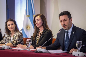 Buenos Aires, Argentina.- In the photos taken on February 28, 2024, the Minister of Defense, Luis Petri (right), the Chancellor, Diana Mondino (left), together with the Vice President, Victoria Villarruel (center), led the event in the San Martín Palace in commemoration of Argentine Antarctica Day, which celebrates the 120th anniversary of the uninterrupted presence on the white continent. Argentina inaugurated the Meteorological Observatory on Laurie Island, current Orcadas Base, on February 22, 1904, a date that marked the beginning of the country's uninterrupted presence on the white continent.