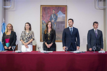 Buenos Aires, Argentina.- In the photos taken on February 28, 2024, the Minister of Defense, Luis Petri (2nd right), the Chancellor, Diana Mondino (2nd left), together with the Vice President, Victoria Villarruel (center), led the event in the San Martín Palace in commemoration of Argentine Antarctica Day, which celebrates the 120th anniversary of the uninterrupted presence on the white continent. Argentina inaugurated the Meteorological Observatory on Laurie Island, current Orcadas Base, on February 22, 1904, a date that marked the beginning of the country's uninterrupted presence on the white continent.