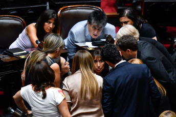 Buenos Aires, Argentina.- En las fotos tomadas el 1 de febrero del 2024, Diputados retomó la sesión para debatir la ley "Bases". La oposición abandonó el debate en la Cámara de Diputados en el que se discutía la polémica Ley Ómnibus del presidente de Argentina, Javier Milei. Los congresistas salieron a las calles a pedir que se permitiera el desarrollo de la protesta en contra de la ley, en la que se reportaron entre manifestantes y las fuerzas policiales.