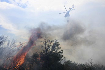 Patagonia, Argentina.- In the photos taken on February 9, 2024, fire departments fight forest fires in Los Alerces. The Unified Command in charge of fighting the fire in the Los Alerces National Park and its surroundings, located in the province of Chubut, reported that the fire remains active throughout its perimeter. According to the latest report, it is estimated that around 5,971 hectares have been affected.