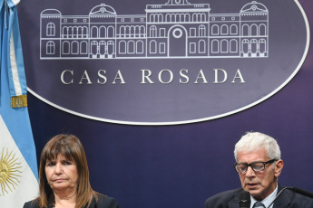 Chaco, Argentina.- In the photos taken on February 14, 2024, the Ministers of Security, Patricia Bullrich (left), and of Justice, Mariano Cúneo Libarona (right), denounced at the Government House a trafficking network that operated through social plans in the province of Chaco. In a press conference they offered together with the governor of Chaco, Leandro Zdero, in the Conference Room of the Casa Rosada, the officials explained that the network that operated in the province was "commanded by a con who prostituted women in exchange for granting and manage their social plans.