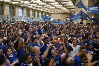 Buenos Aires, Argentina.- In the photos taken on February 20, 2024, Bancarios and Corriente Federal de Trabajadores expressed their rejection of a possible privatization of the bank and issued a statement in which they expressed that "society said no to the sale of public companies".