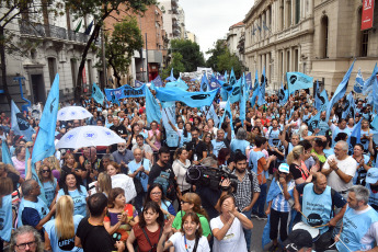 Cordoba, Argentina.- In the photos taken on February 26, 2024, teachers participate in a national strike by the Confederation of Education Workers of the Argentine Republic (Ctera) in rejection of the economic adjustment of the national government and in demand for a better offer wage.