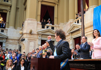 Buenos Aires, Argentina - In the photo taken on 1 March 2024, Milei spoke for the first time at the Opening of Ordinary Sessions 2024. The details of his presentation: inheritance received, chainsaw, closure of public media, dollar peg and "foundational pact" with the provinces. The protests in front of Congress and the repression of demonstrators.