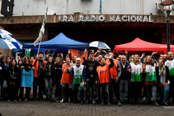 Buenos Aires, Argentina.- In the photos taken on April 15, 2024, workers from Radio Nacional held an open radio in front of the station's historic Buenos Aires headquarters, in the City of Buenos Aires, to denounce the dismissal of three workers from the station and complain against the attacks suffered by public media by the management of President Javiel Milei.