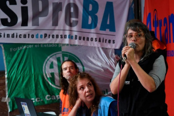 Buenos Aires, Argentina.- In the photos taken on April 15, 2024, workers from Radio Nacional held an open radio in front of the station's historic Buenos Aires headquarters, in the City of Buenos Aires, to denounce the dismissal of three workers from the station and complain against the attacks suffered by public media by the management of President Javiel Milei.