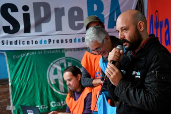 Buenos Aires, Argentina.- In the photos taken on April 15, 2024, workers from Radio Nacional held an open radio in front of the station's historic Buenos Aires headquarters, in the City of Buenos Aires, to denounce the dismissal of three workers from the station and complain against the attacks suffered by public media by the management of President Javiel Milei.