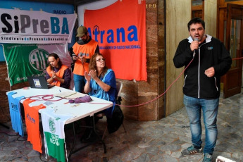 Buenos Aires, Argentina.- In the photos taken on April 15, 2024, workers from Radio Nacional held an open radio in front of the station's historic Buenos Aires headquarters, in the City of Buenos Aires, to denounce the dismissal of three workers from the station and complain against the attacks suffered by public media by the management of President Javiel Milei.