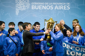 Buenos Aires, Argentina.- In the photos, the governor of Buenos Aires, Axel Kicillof (center), presented the 33rd edition of the 2024 Buenos Aires Games on May 13, 2024. The games already have 455 thousand registered who will compete in more than 100 sports and cultural disciplines and will bring together young people, people with disabilities and older adults from the 135 municipalities of Buenos Aires.