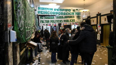 Buenos Aires, Argentina - In a photo of 21 May 2024, workers of the National Institute against Discrimination, Xenophobia and Racism (INADI) gathered this morning outside the building. The measure was taken after 120 employees received an email notification last night informing them that "it is not appropriate to extend their temporary appointment". "The majority of those dismissed belong to the LGTBIQ+ collective and there is even a person with a disability," said workers at the Institute. On 22 February, the national government announced the closure of INADI and the transfer of the institute's functions to the Ministry of Justice, headed by Mariano Cúneo Libarona.