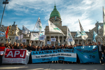 Buenos Aires, Argentina - In the photos, the unions that bring together the public media workers protest in front of Congress on May 16, 2024. The public media workers gave the senators a letter in which they express their rejection to the privatization of Radio Nacional, Public TV and Public Contents S.E. -which includes the Encuentro, Pakapaka and DeporTV signals- as provided for in the Bases bill.