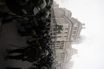 Buenos Aires, Argentina - In a photo of 12 June 2024, the area around the National Congress became a battlefield where demonstrators and security forces clashed throughout the afternoon of Wednesday 12 June. Social, piqueteras, leftist, Peronist, human rights, neighbourhood assemblies and trade union organisations demonstrated in rejection of the Ley Bases that is being debated in the Senate. The aim of the attack was to interrupt the session.