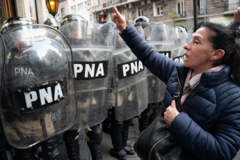 Buenos Aires, Argentina - In a photo of 12 June 2024, the area around the National Congress became a battlefield where demonstrators and security forces clashed throughout the afternoon of Wednesday 12 June. Social, piqueteras, leftist, Peronist, human rights, neighbourhood assemblies and trade union organisations demonstrated in rejection of the Ley Bases that is being debated in the Senate. The aim of the attack was to interrupt the session.