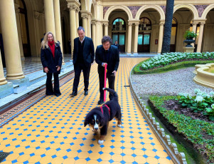 Buenos Aires, Argentina.- En la foto del 20 de agosto de 2024, el presidente Javier Milei se mostró este martes con Thor, el nuevo perro que adoptó su hermana Karina Milei, la secretaria general de la Presidencia. En el video se lo ve al mandatario conversar con el can por el Patio de Las Palmeras, a quien guía con una correa roja. “Mirá, ese señor es el que filma las películas, todo”, se escucha que le dice Milei al perro Boyero de Berna, en una especie de presentación con el hombre que graba el video que se difundió por redes sociales. “Mostrale cómo conoces la casa donde trabaja el tío”, agregó el Presidente, entre risas. En el breve recorrido, Thor olfatea cada rincón y busca acercarse a la parte más verde del sector. Detrás, al Presidente lo acompañan Karina Milei y el vocero, Manuel Adorni.